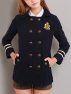 Romwe Lapel Double Breasted Woolen Navy Coat