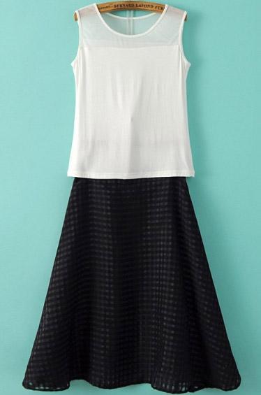 Romwe Round Neck White Vest With A-line Skirt