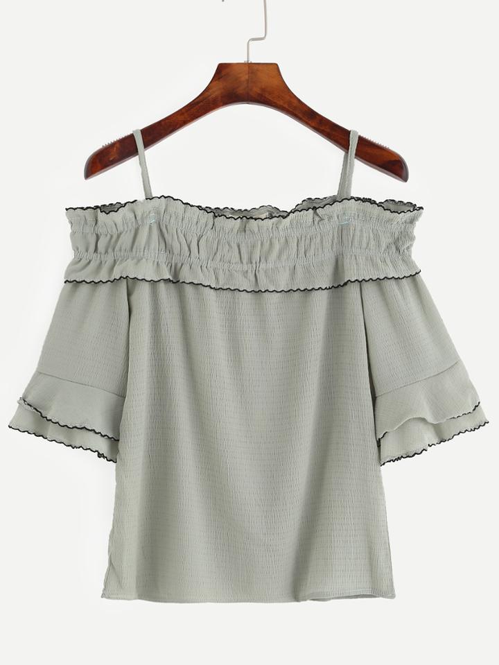 Romwe Green Ruffled Cold Shoulder Shirred Blouse