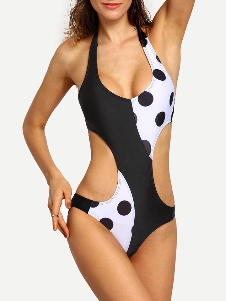 Romwe Polka Dot Print Cutout One-piece Swimwear