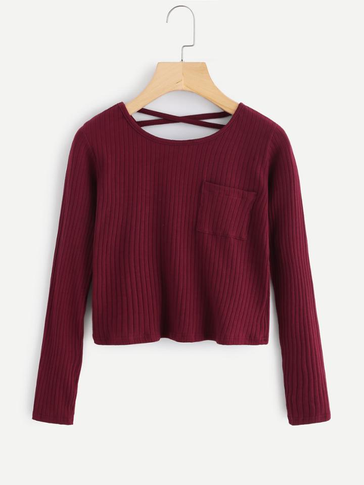 Romwe Criss Cross Chest Pocket Ribbed Knit Tee