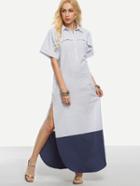 Romwe Button Curved Hem Full Length Shirt Dress