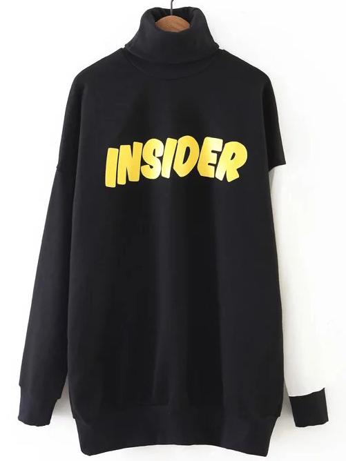 Romwe Black Color Block Letter Print Turtleneck Sweatshirt