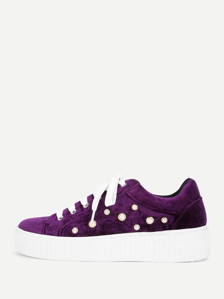 Romwe Faux Pearl Lace Up Velvet Sneakers