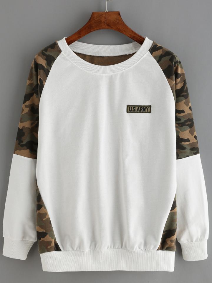 Romwe Raglan Sleeve Camo Patch Sweatshirt