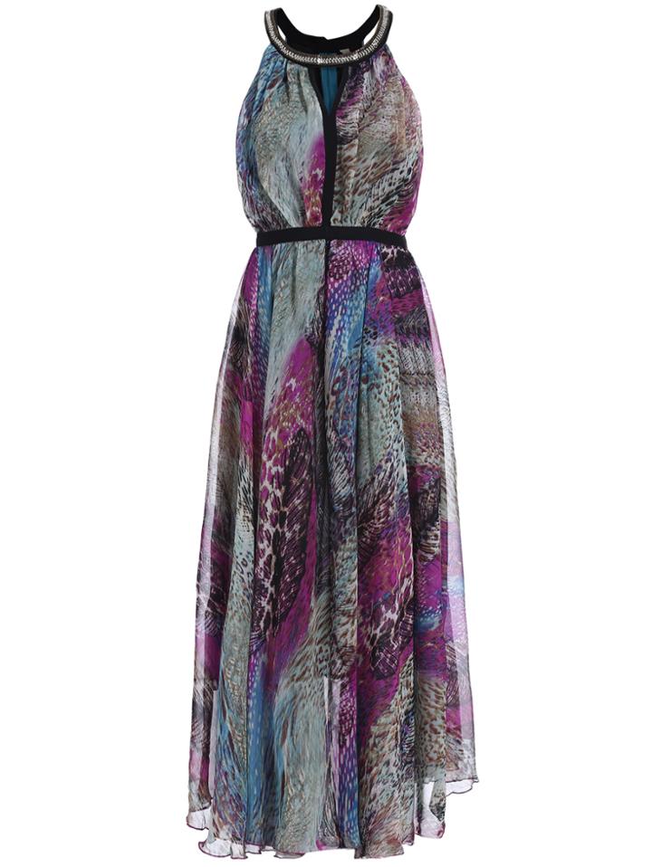 Romwe Halter Floral Print Cut Out Chiffon Dress