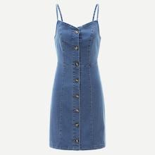 Romwe Single Breasted Spaghetti Strap Denim Dress