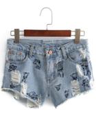 Romwe Ripped Embroidered Denim Shorts