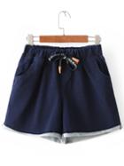 Romwe Blue Roll Cuff Pockets Elastic Tie-waist Denim Shorts