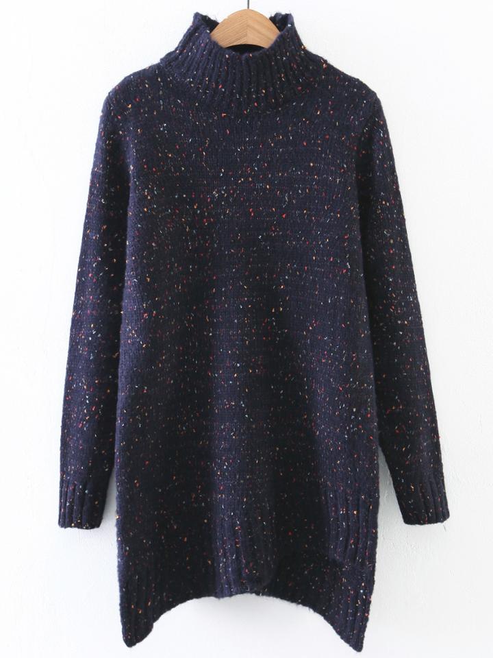Romwe Navy Ribbed Trim Turtleneck Asymmetrical Longline Sweater