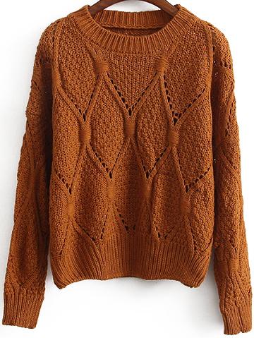 Romwe Diamond Hollow Khaki Sweater