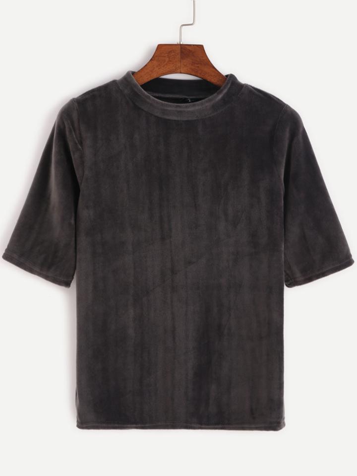 Romwe Grey Mock Neck Velvet T-shirt