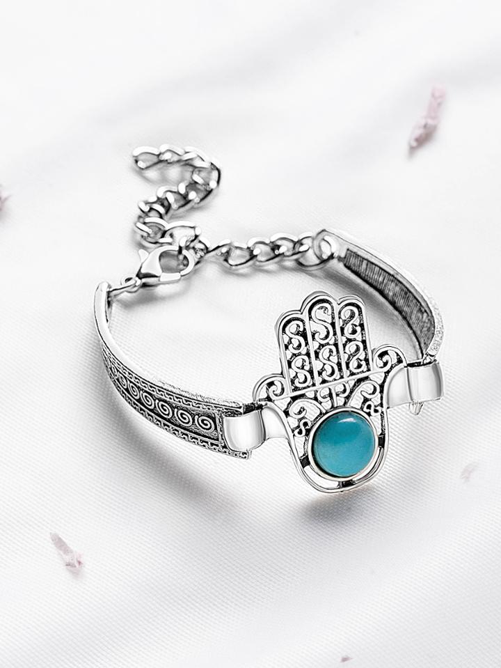 Romwe Antique Silver Turquoise Inlay Cutout Hand Bangle