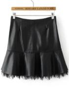 Romwe Black Lace Hem Zipper Back Pu Skirt