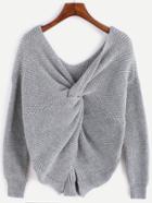 Romwe Grey V Neck Twist Back Sweater
