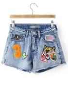 Romwe Light Blue High Waist Embroidery Denim Short