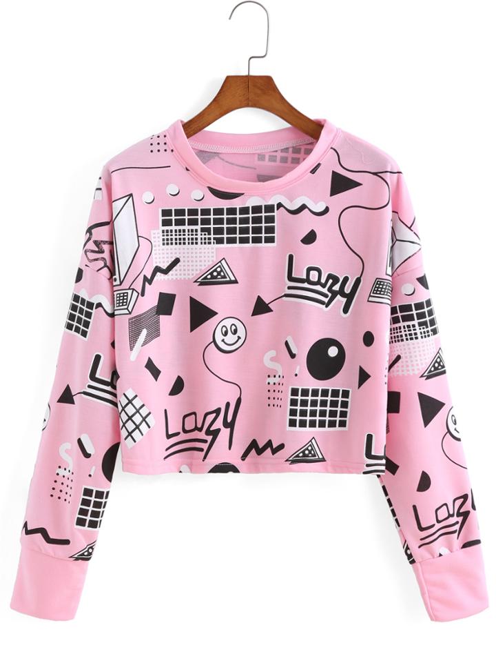 Romwe Graphic Print Crop Sweatshirt