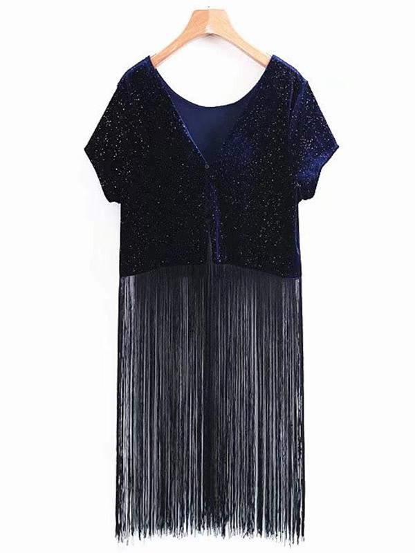 Romwe Longline Fringe Velvet Tee