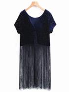 Romwe Longline Fringe Velvet Tee