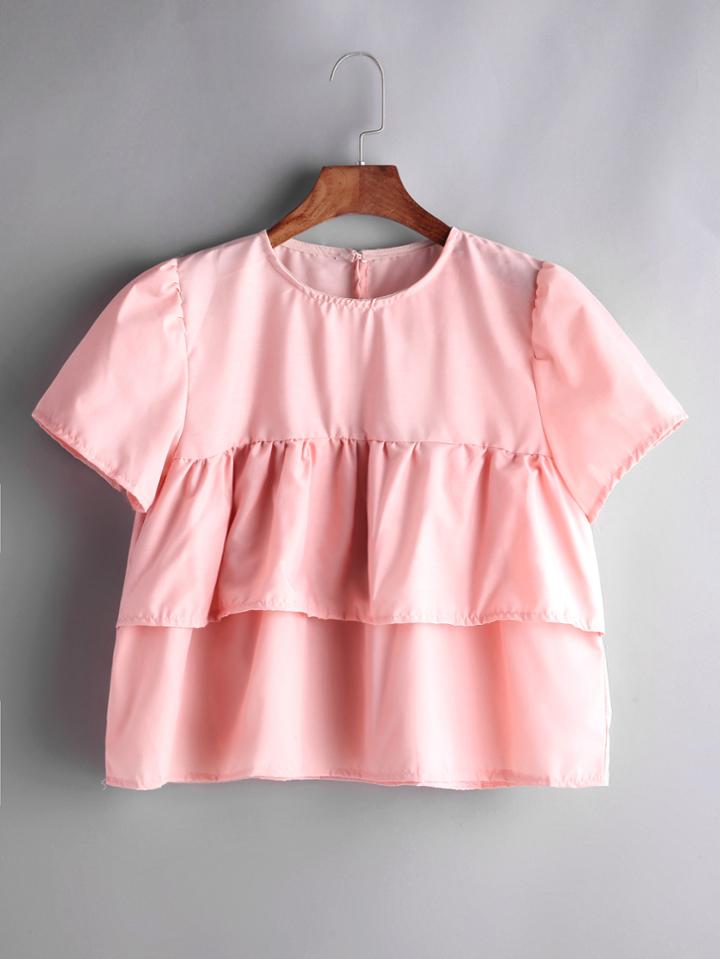 Romwe Pink Ruffle Tiered Buttoned Keyhole Top