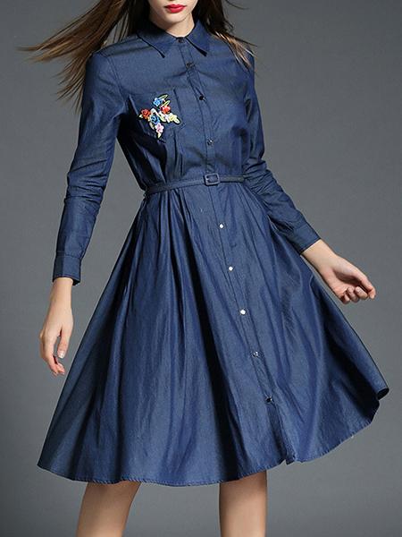 Romwe Blue Lapel Belted Denim A-line Dress