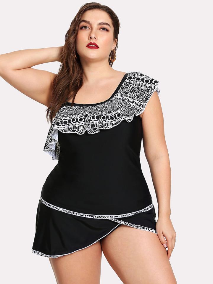 Romwe Geometric Pattern Flounce Tankini Set
