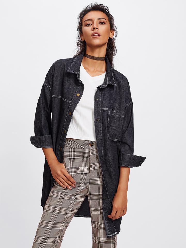 Romwe Stitch Detail Drop Shoulder Denim Jacket