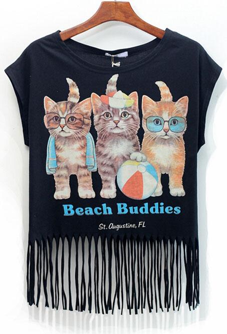 Romwe With Tassel Cat Print Black T-shirt