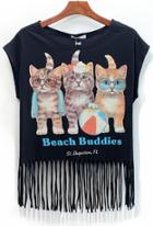 Romwe With Tassel Cat Print Black T-shirt