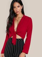 Romwe Knot Front Plunging Crop Blouse