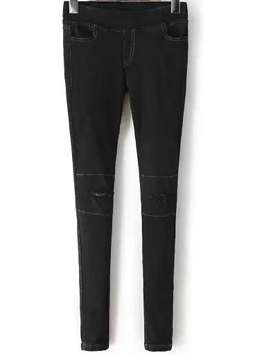 Romwe Black Denim Slim Pant With Cut Out Knee