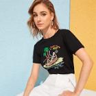 Romwe Letter & Coconut Tree Print Tee