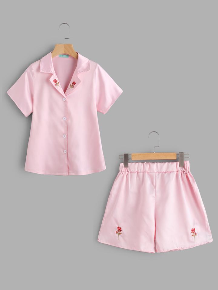 Romwe Revere Collar Rose Embroidered Single Breasted Top With Shorts