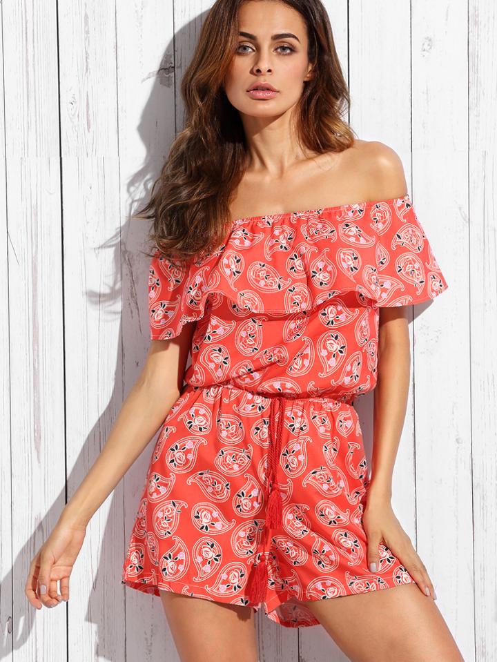 Romwe Red Paisley Print Ruffle Off The Shoulder Romper