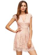 Romwe Pink Deep V Neck Cap Sleeve Lace Dress