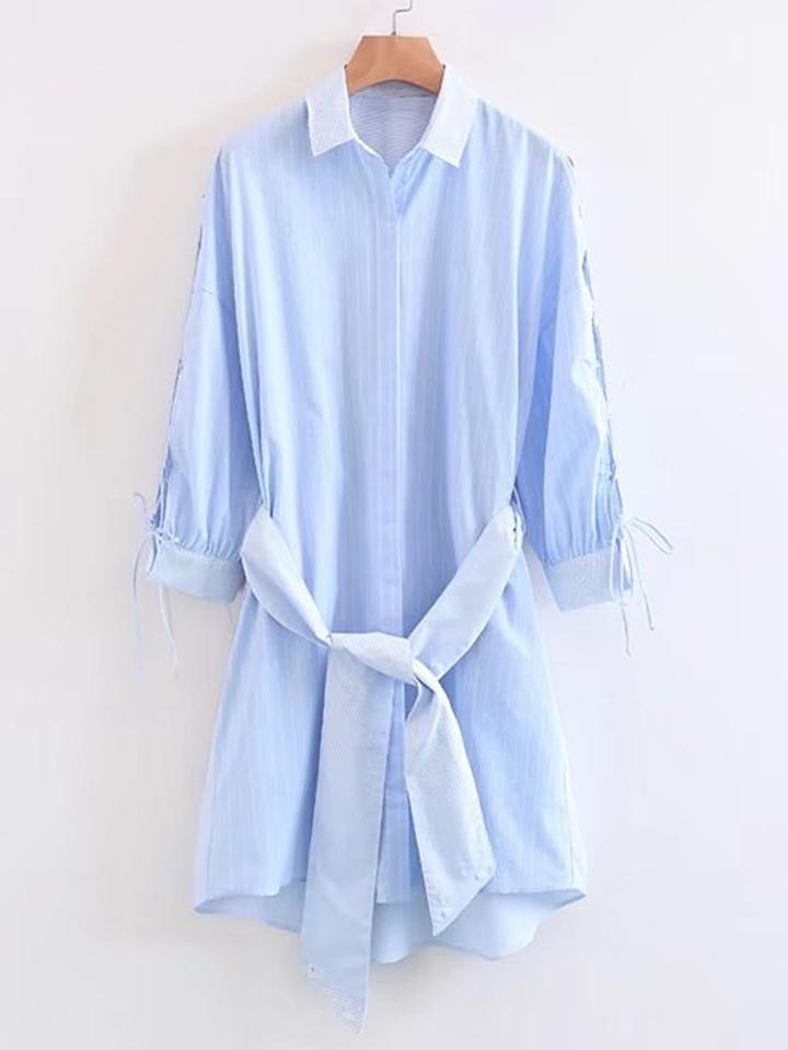 Romwe Lace Up Sleeve Shirt Dress With Self Tie