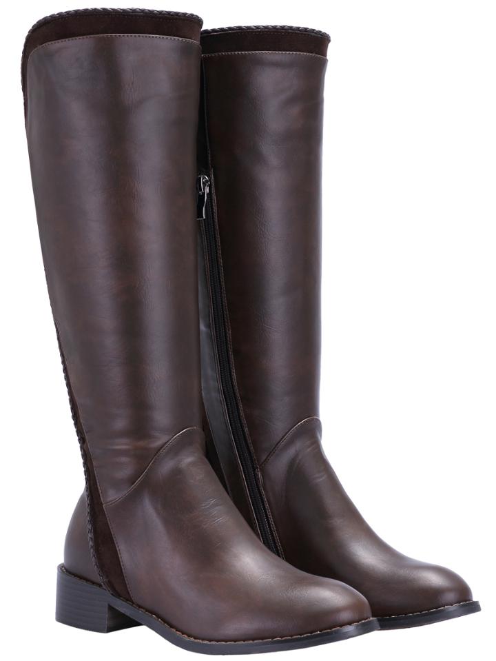 Romwe Brown Round Toe Zipper Tall Boots