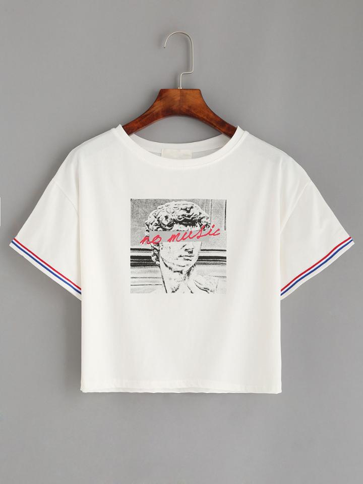 Romwe White Graphic Print Striped Trim Crop T-shirt
