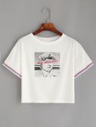 Romwe White Graphic Print Striped Trim Crop T-shirt