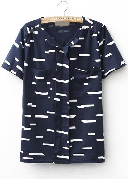Romwe V Neck Bar Print Navy Top