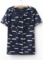 Romwe V Neck Bar Print Navy Top