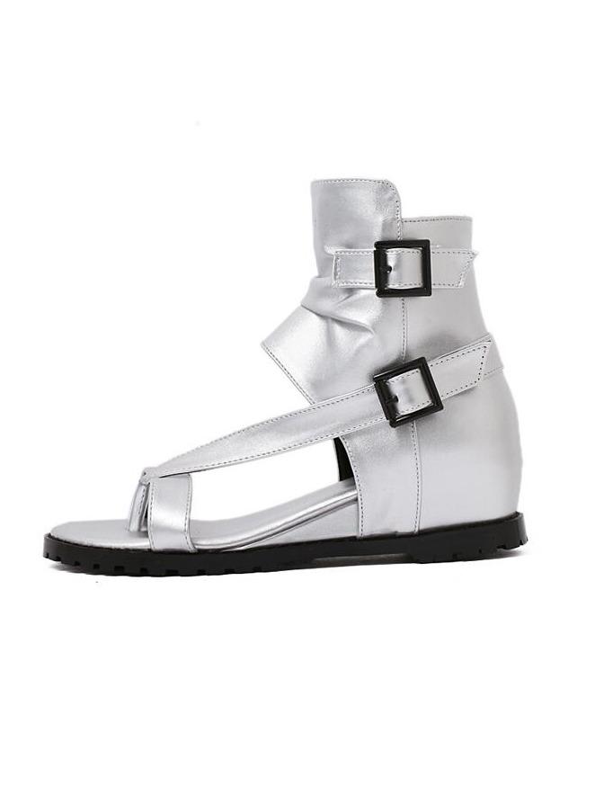 Romwe Silver T-strap Buckled Ankle Wrap Wedge Sandals