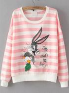 Romwe Striped Rabbit Print Pink Sweatshirt