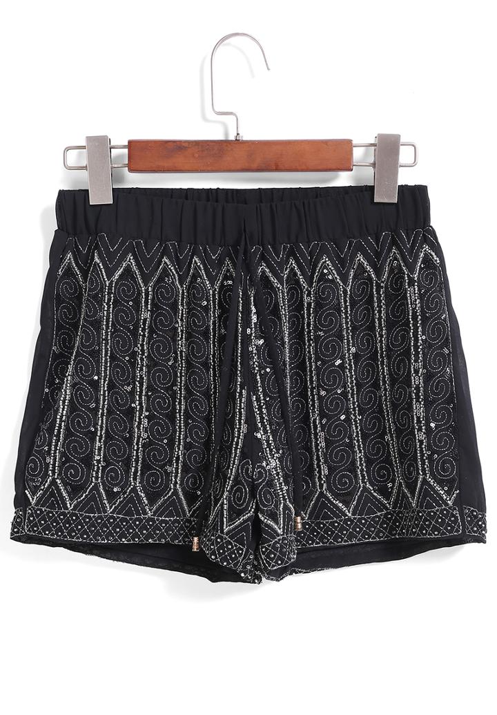 Romwe Elastic Waist Sequined Bead Black Shorts