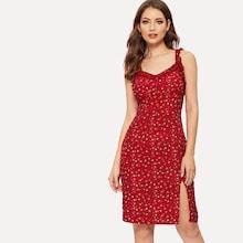 Romwe Ruffle Strap Slit Hem Floral Print Dress
