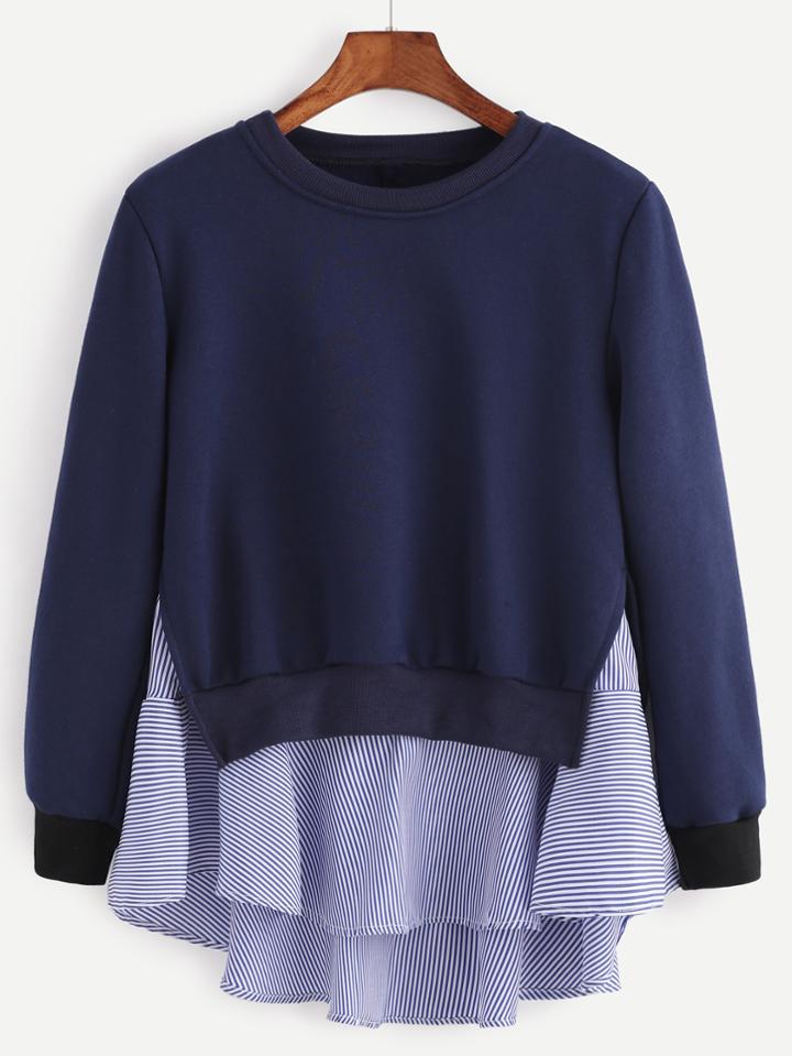 Romwe Navy Striped Ruffle Detail 2 In 1 Sweatshirt