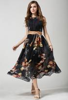 Romwe Black Sleeveless Underskirt Bohemia Great Print Tie-waist Flapper Dress