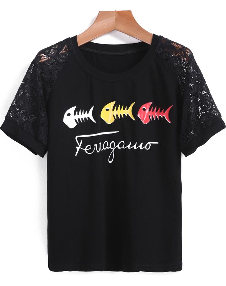 Romwe With Lace Fishbone Print T-shirt