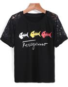 Romwe With Lace Fishbone Print T-shirt