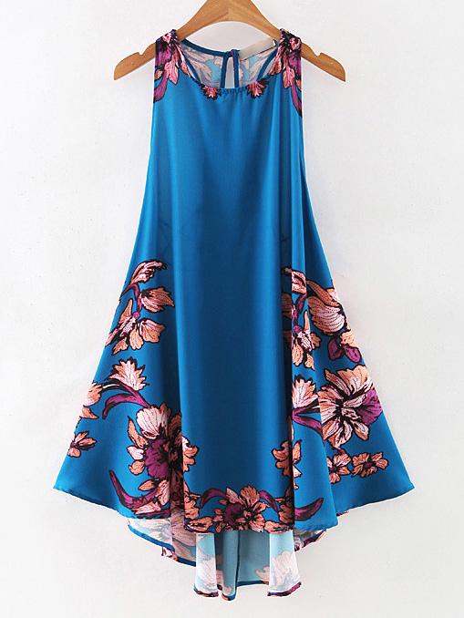 Romwe Royal Blue Printed Cutout Lace Up Vintage Dress
